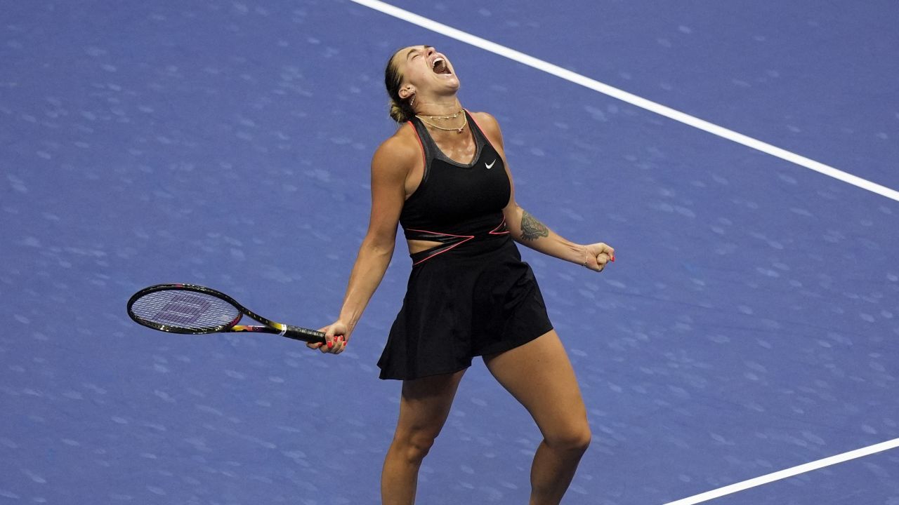 Tennis - U.S. Open - Flushing Meadows, New York, United States - September 4, 2025 Belarus' Aryna Sabalenka celebrates winning her semi final match against Jessica Pegula of the U.S. REUTERS/Eduardo Munoz