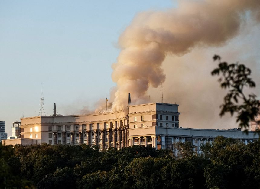 Smoke rises over a building of the Ukrainian government headquarters in Kyiv amid Russia’s war on Ukraine on September 7.
