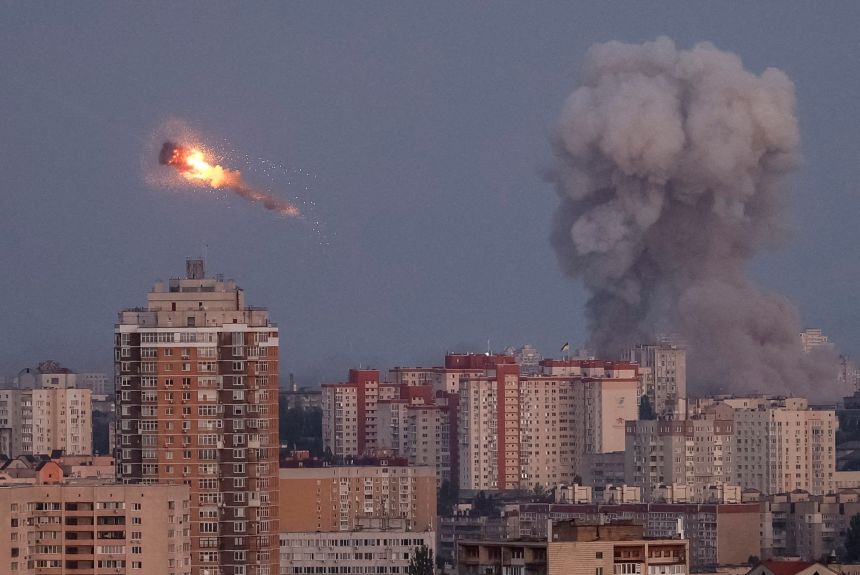 Ukraine shoots down a Russian missile as smoke rises from the city during a Russian missile strike, amid Russia's attack on Ukraine, in Kyiv, Ukraine September 7, 2025.