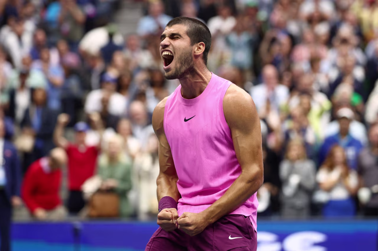 Carlos Alcaraz celebrates after winning the match.