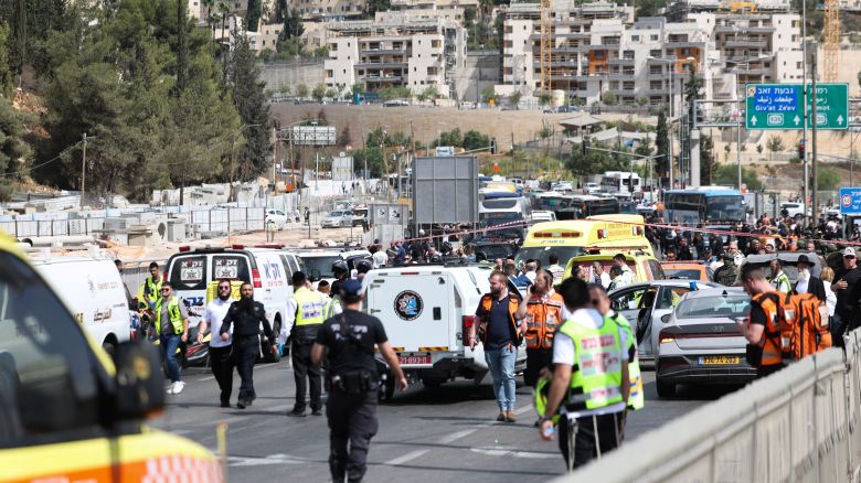 Israeli police officers and emergency personnel work at the scene of a shooting attack in Jerusalem on Monday, September 8.
