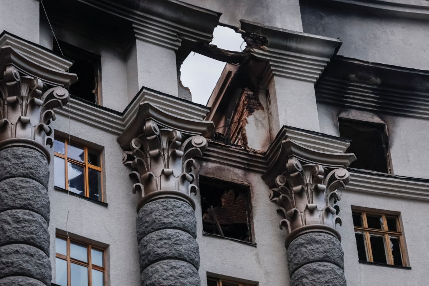 The Ukrainian government building was damaged on Sunday during a Russian air attack on the city.