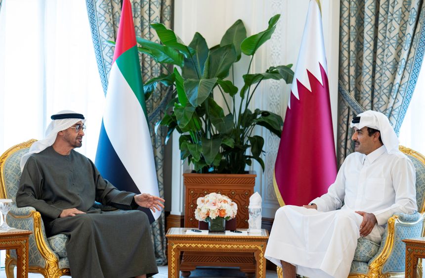 Sheikh Mohamed bin Zayed Al Nahyan, President of the United Arab Emirates, meets Sheikh Tamim bin Hamad Al Thani Emir of Qatar, at the Amiri Diwan, in Doha, Qatar, September 10, 2025.