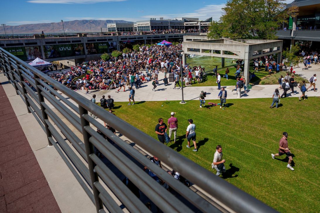 People run after Charlie Kirk was shot at a Utah Valley University speaking event in Orem, Utah, on Wednesday.