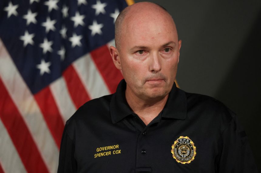 Utah Gov. Spencer Cox attends a news conference after Charlie Kirk was fatally shot during an event at Utah Valley University, in Orem, Utah, on September 10, 2025.