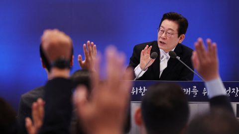 South Korean President Lee Jae Myung takes questions during a press conference to mark 100 days in office at the Blue House in Seoul, South Korea, September 11, 2025.