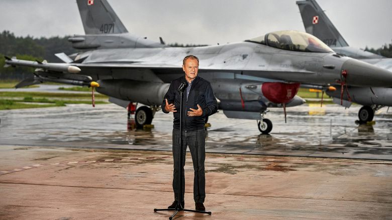 Polish Prime Minister Donald Tusk holds a news conference in Lask, Poland, on Thursday regarding the threat posed by Russian drones.