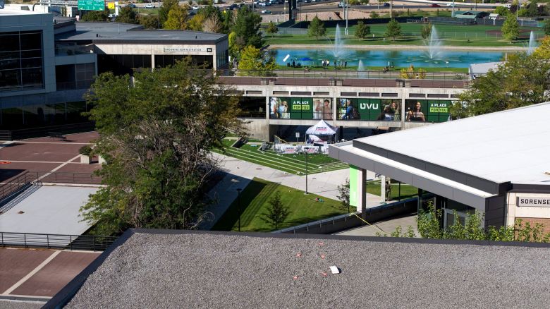 A drone view shows the reported location of the shooter on a rooftop, at the scene where U.S. right-wing activist, commentator, Charlie Kirk, an ally of U.S. President Donald Trump, was fatally shot during an event at Utah Valley University, in Orem, Utah, U.S. September 11, 2025.