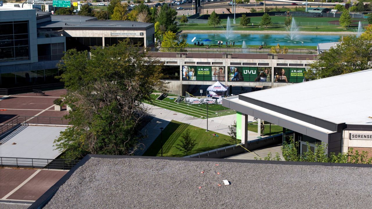 A drone view shows the reported location of the shooter on a rooftop, at the scene where U.S. right-wing activist, commentator, Charlie Kirk, an ally of U.S. President Donald Trump, was fatally shot during an event at Utah Valley University, in Orem, Utah, U.S. September 11, 2025.