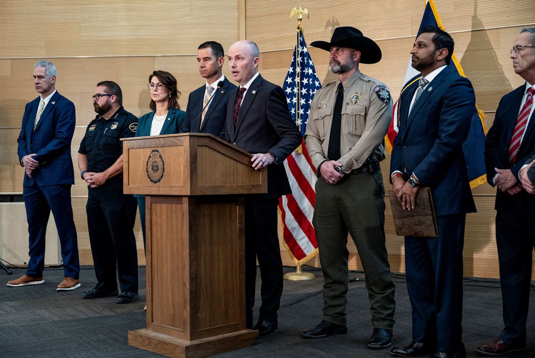 Utah Governor Spencer Cox speaks at a press conference announcing the capture of suspected shooter Tyler Robinson.