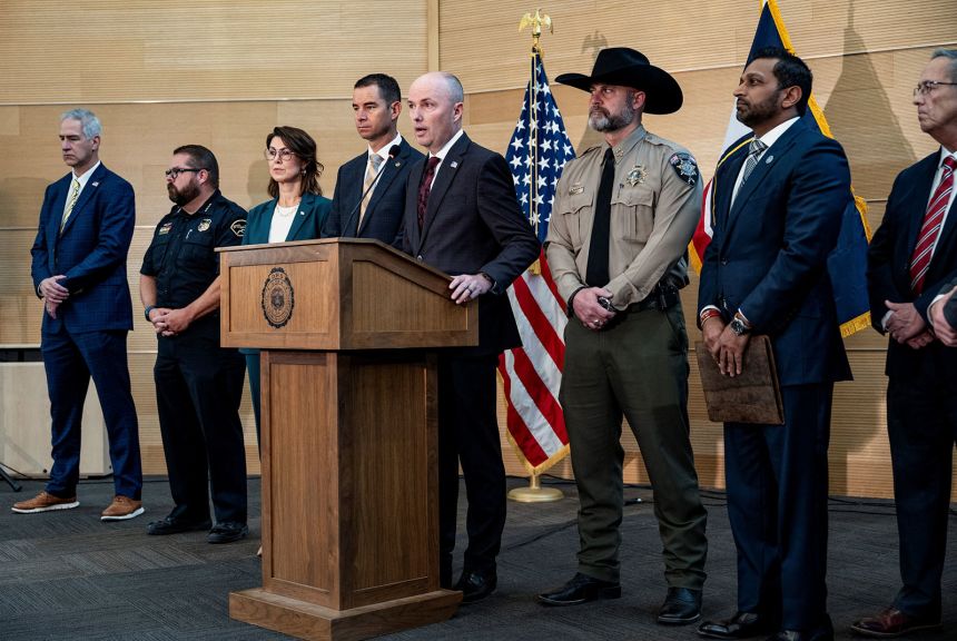 Utah Governor Spencer Cox, with Utah Department of Public Safety Beau Mason, Sheriff Mike Smith, and FBI Director Kash Patel, speaks during a press conference announcing details on the suspect in the shooting of conservative commentator Charlie Kirk, who was fatally shot during an event at Utah Valley University, in Orem, Utah, U.S. September 12, 2025.