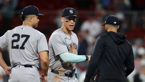 Aaron Judge celebrates after Friday's victory against the Boston Red Sox at Fenway Park.