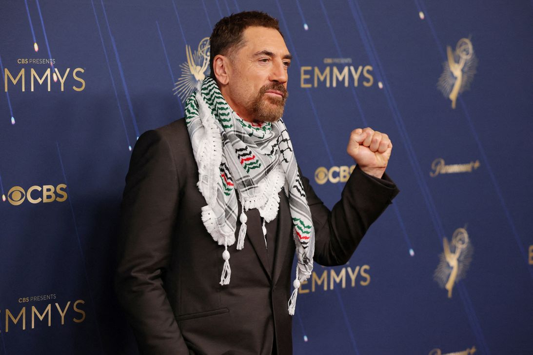 Javier Bardem wears a keffiyeh to the event.