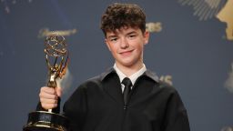 Owen Cooper poses with the Best Supporting Actor in a Limited or Anthology Series or Movie award for Adolescence, at the 77th Primetime Emmy Awards in Los Angeles, California, U.S., September 14, 2025. REUTERS/Daniel Cole