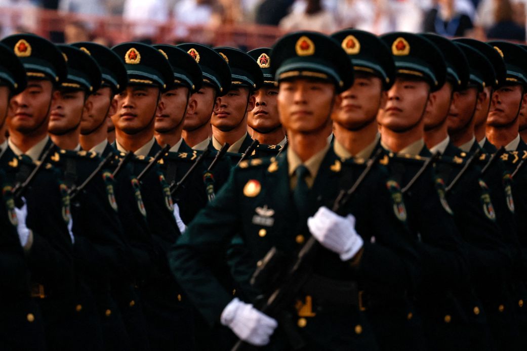Chinese Rocket Force personnel march during the rehearsal ahead of a military parade to mark the 80th anniversary of the end of World War Two, in Beijing, China, September 3, 2025.