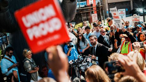 New York City mayoral candidate Zohran Mamdani speaks to the media during a campaign stop with striking members of Teamsters Local 210 in the Bronx borough of New York, on September 15, 2025.
