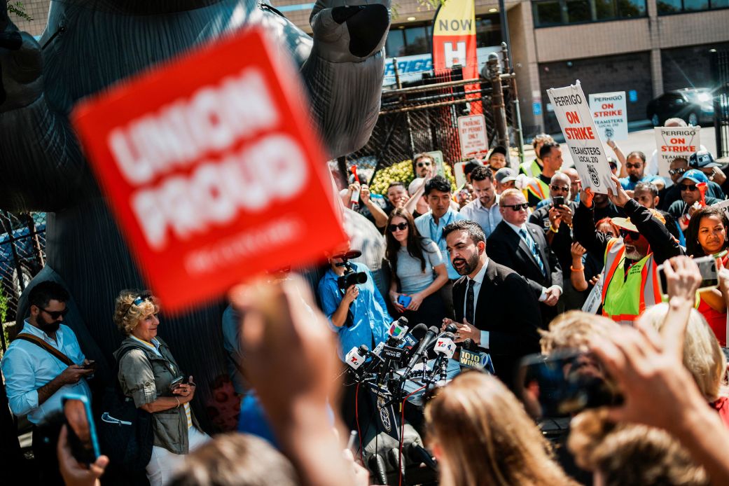 New York City mayoral candidate Zohran Mamdani speaks to the media during a campaign stop with striking members of Teamsters Local 210 in the Bronx borough of New York, on Monday.