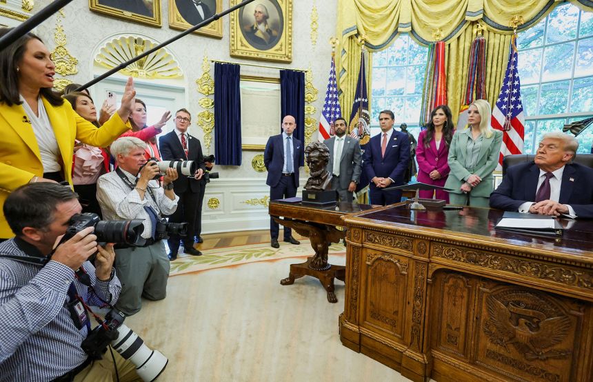 President Donald Trump with Homeland Security Secretary Kristi Noem, Attorney General Pam Bondi, FBI Director Kash Patel, Deputy Attorney General Todd Blanche, and White House Deputy Chief of Staff Stephen Miller at the White House on Monday.