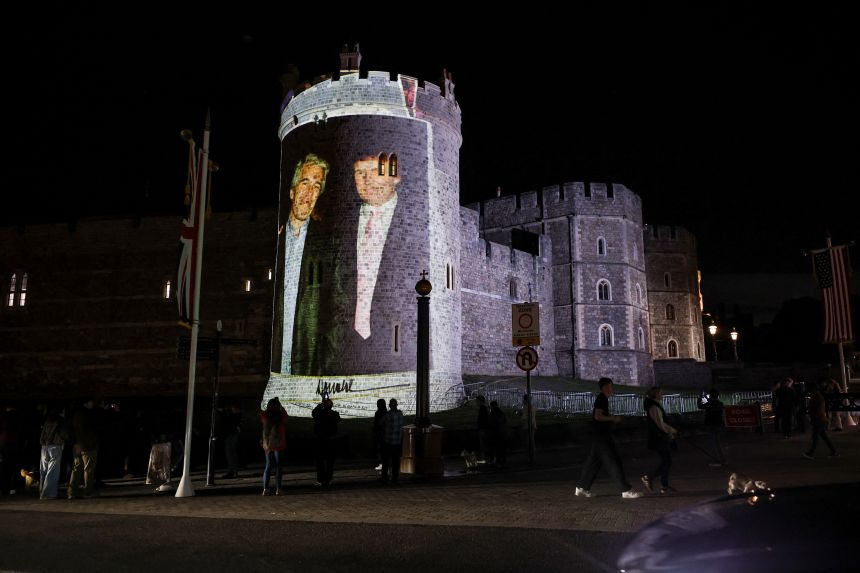 Activists projected images of Trump and Epstein on Windsor Castle Tuesday evening.