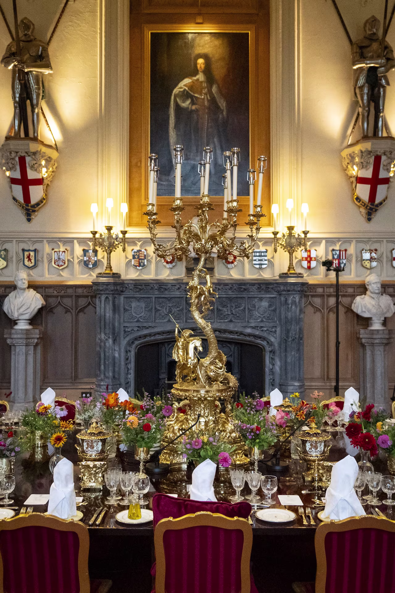 Place settings at the banquet table in St George's Hall, Windsor Castle, Berkshire, ahead of the state banquet.