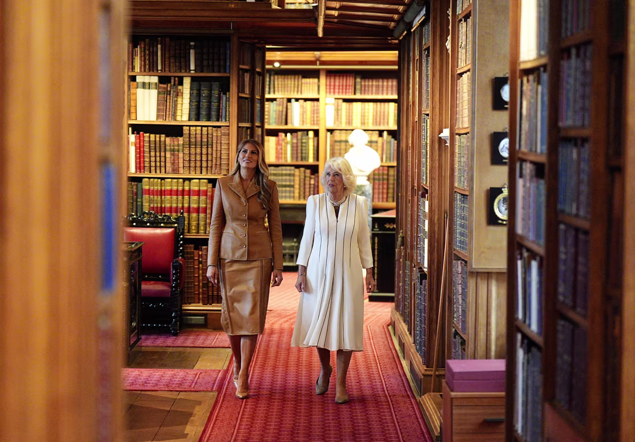 Queen Camilla and first lady Melania Trump view the Royal Library at Windsor Castle on Thursday.