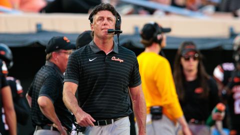 Sep 19, 2025; Stillwater, Oklahoma, USA; Oklahoma State Cowboys coach Mike Gundy on the sidelines during the first half against the Tulsa Golden Hurricane at Boone Pickens Stadium. Mandatory Credit: William Purnell-Imagn Images