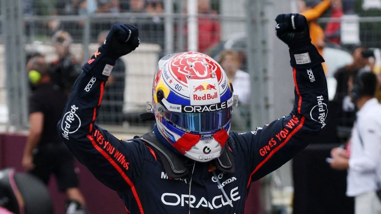 Max Verstappen celebrates winning the Azerbaijan Grand Prix.