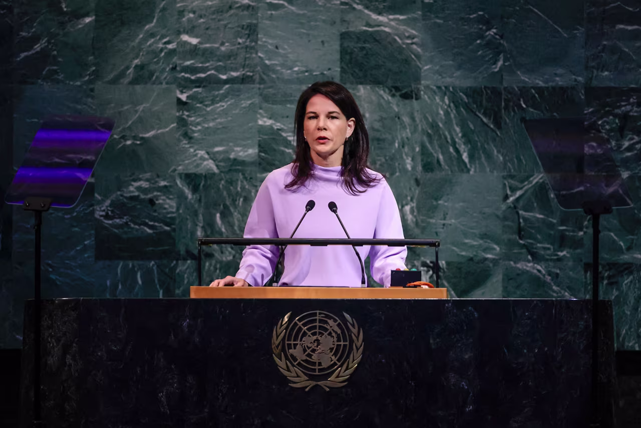 President of the United Nations General Assembly Annalena Baerbock speaks U.N. headquarters in New York, on Monday.