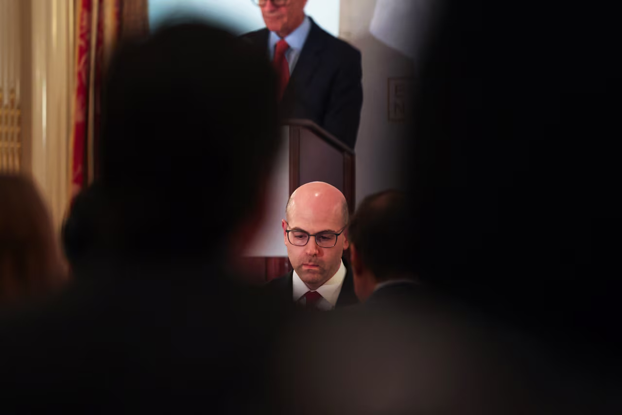Newly appointed Federal Reserve Governor Stephen Miran sits before speaking at The Economic Club of New York in New York City, on September 22.