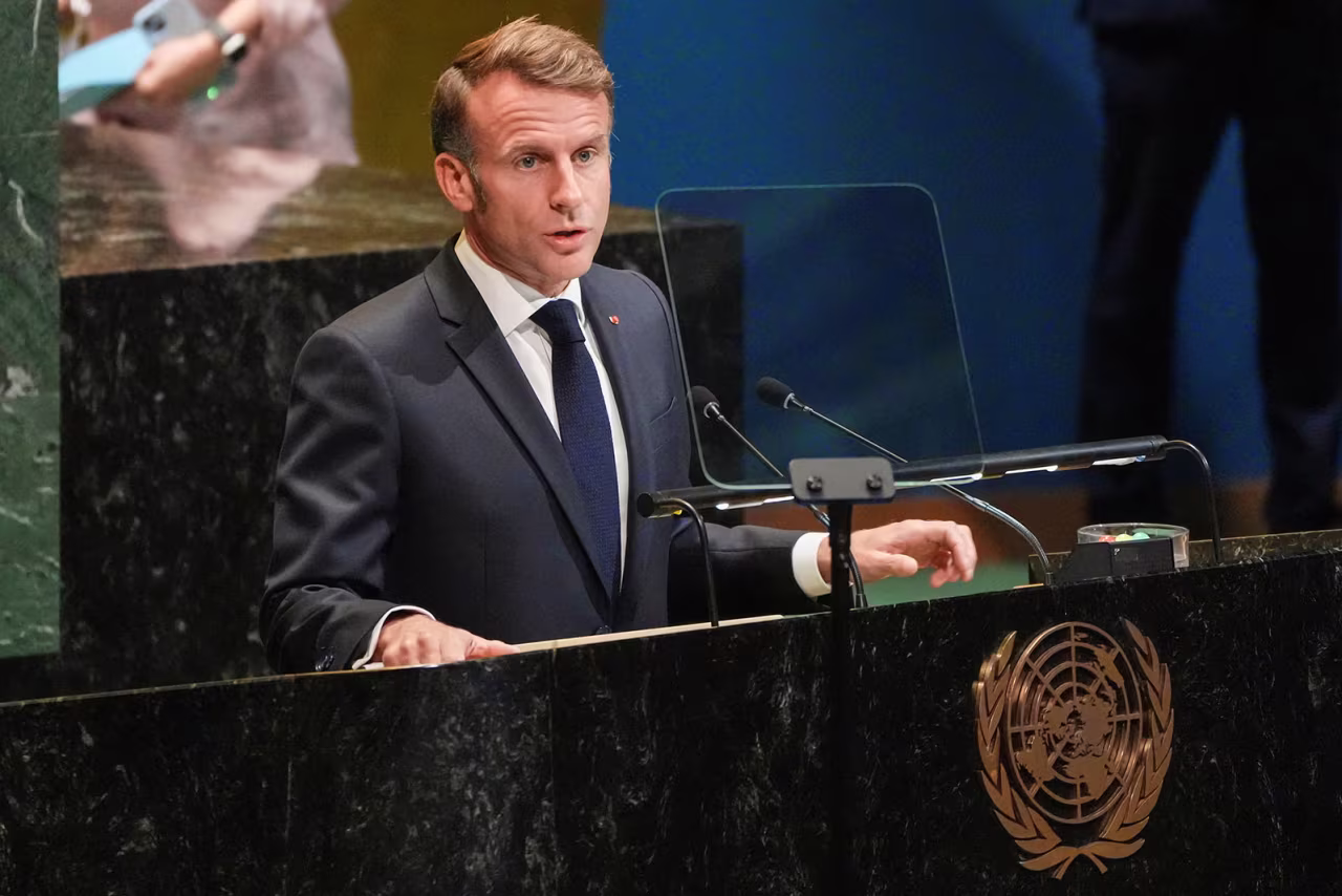 French President Emmanuel Macron addresses delegates during a high-level meeting of heads of state on a two-state solution between Israel and the Palestinians at United Nations headquarters in New York, on Monday.