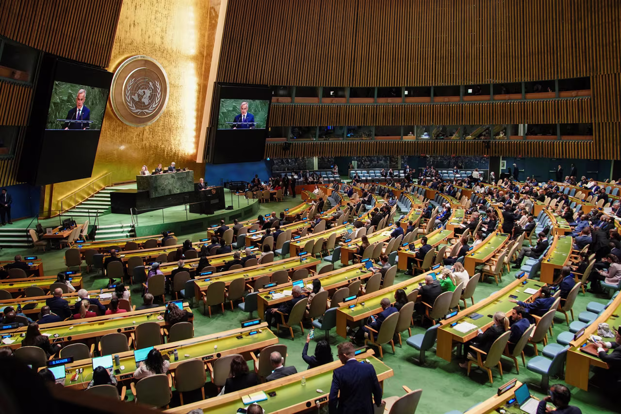 Canadian Prime Minister Mark Carney addresses delegates at United Nations headquarters in New York, on Monday.
