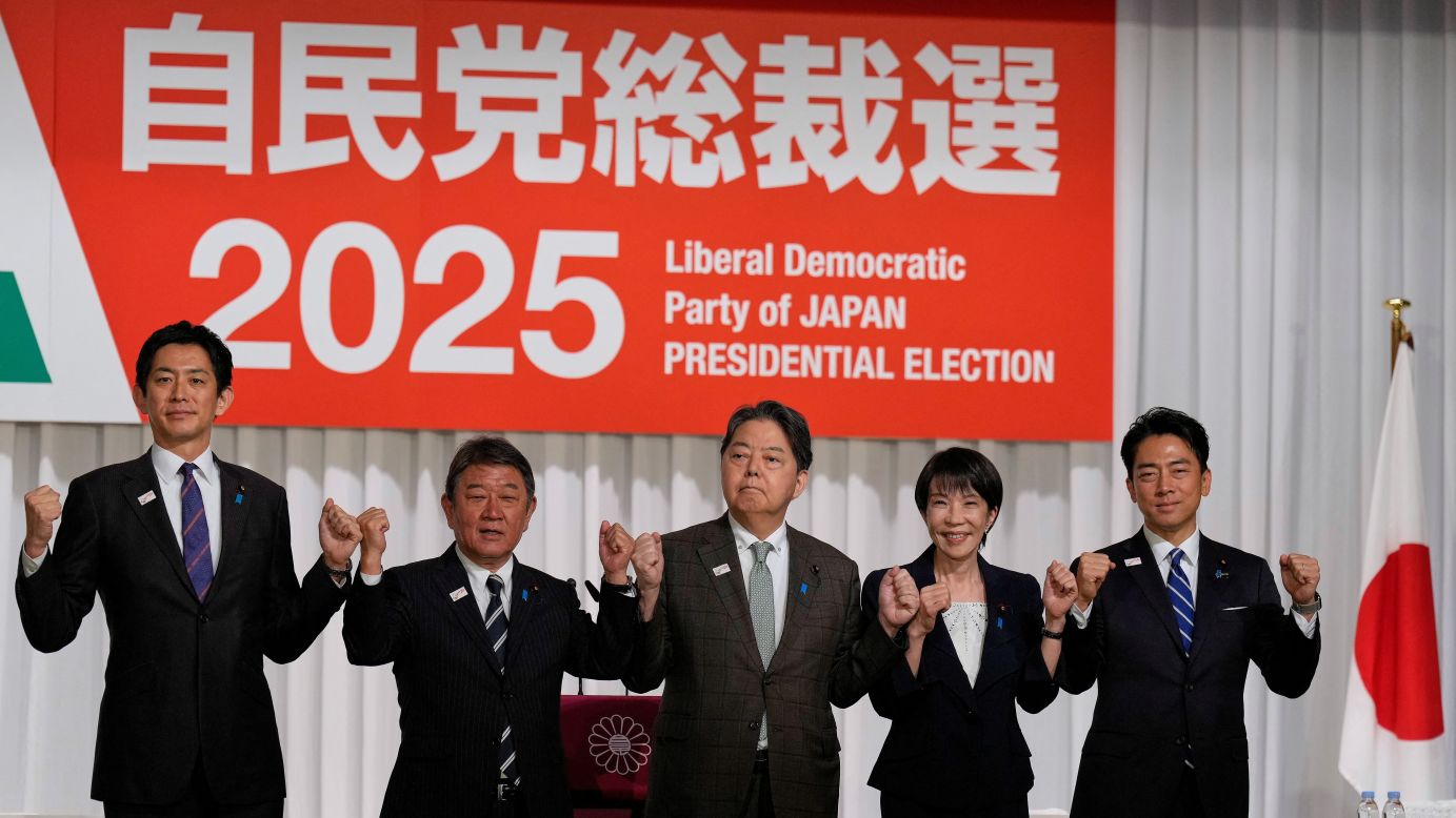 Liberal Democratic Party (LDP) election candidates pose at a joint press conference in Tokyo, Japan, on September 23, 2025.