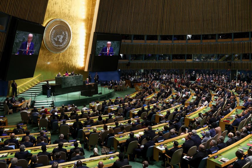 Participants listen as US President Donald Trump addresses the 80th United Nations General Assembly at UN headquarters in New York City.