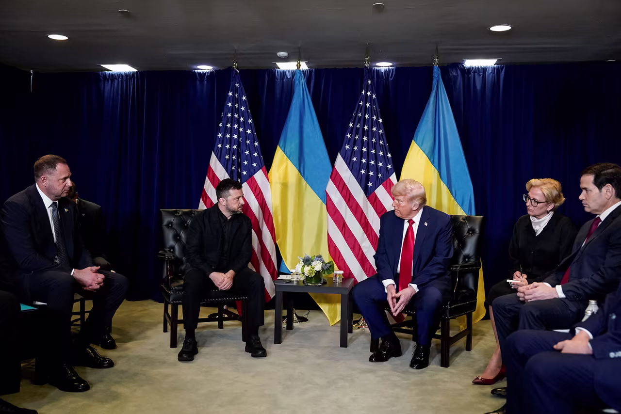 Ukrainian President Volodymyr Zelenskiy meets with US President Donald Trump during the 80th United Nations General Assembly, in New York, on Tuesday.