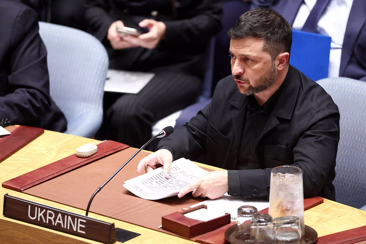 Ukraine's President Volodymyr Zelenskiy speaks during a United Nations Security Council meeting on Tuesday.