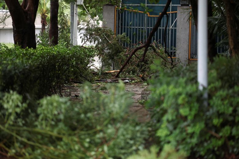 Fallen branches lie on the ground amid strong wind and rain, as Typhoon Ragasa approached Shenzhen on Wednesday.