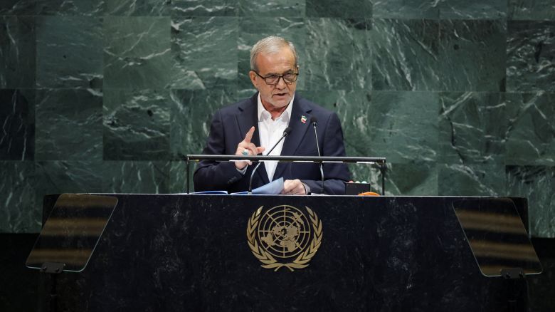 Iran's President Masoud Pezeshkian addresses the 80th United Nations General Assembly at the UN headquarters in New York City on September 24, 2025.