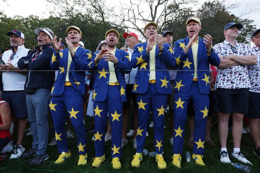 Team Europe fans in fancy dress during the foursomes on Friday.