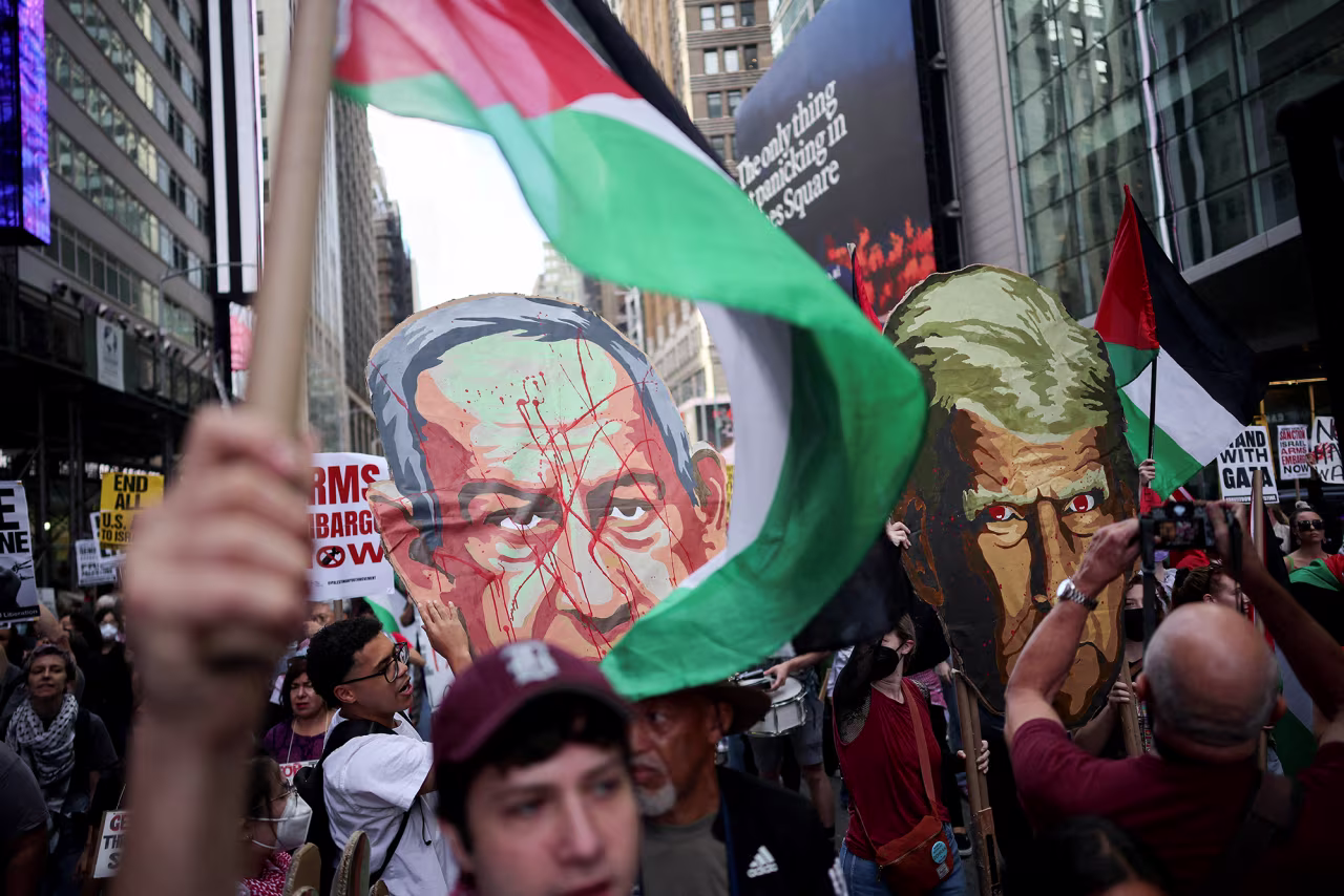 People attend a protest against Israeli Prime Minister Benjamin Netanyahu as he delivers an address at the 80th United Nations General Assembly at the UN headquarters, in New York, on Friday.