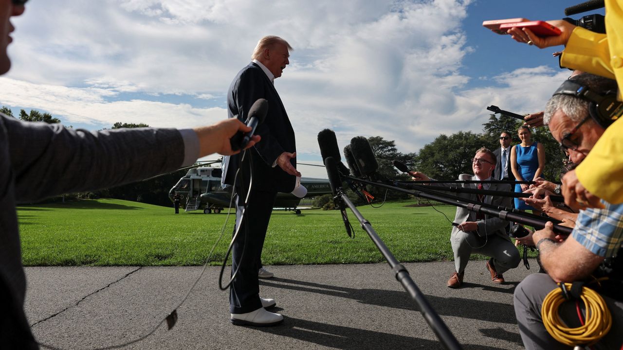 President Donald Trump speaks to the media before departing from the White House on September 26, 2025.