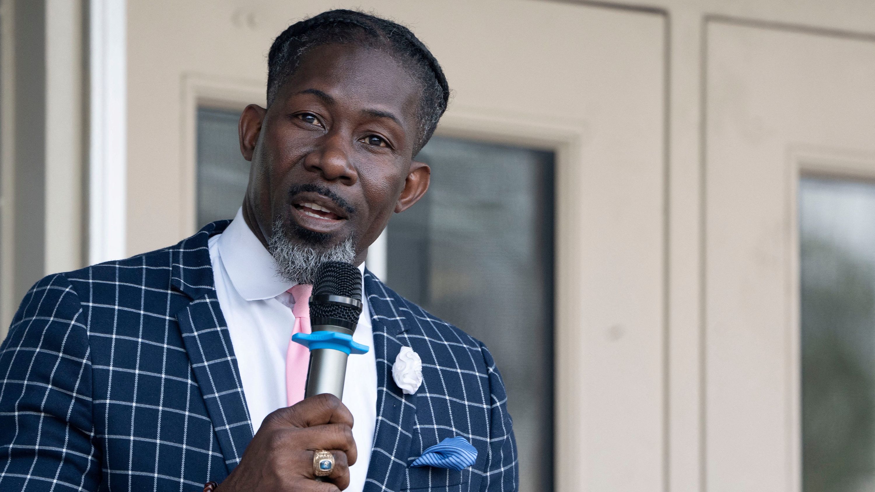 Des Moines Public Schools Superintendent Ian Roberts speaks during the Standing Up For Public Education Rally at Goodrell Middle School in Des Moines, Iowa, U.S., May 1, 2025.