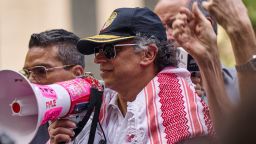 Colombian President Gustavo Petro addresses pro-Palestinian demonstrators  outside U.N. headquarters in New York City on September 26, 2025.