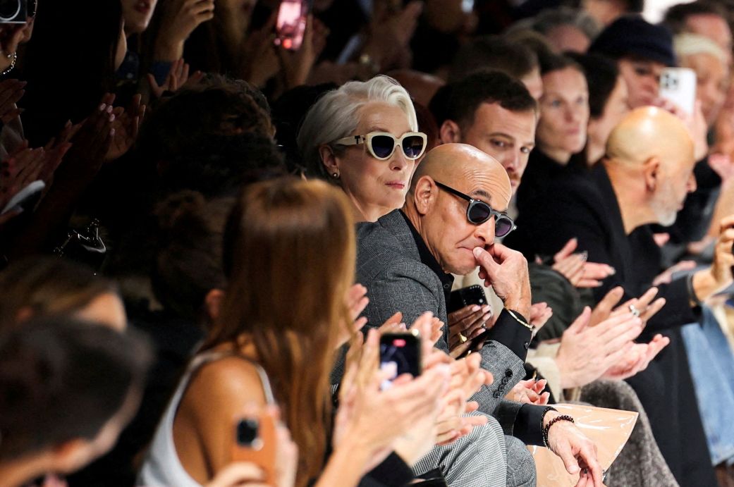 Meryl Streep and Stanley Tucci look on at the end of the Dolce & Gabbana Spring-Summer 2026 collection show during Fashion Week in Milan, Italy, on Saturday.