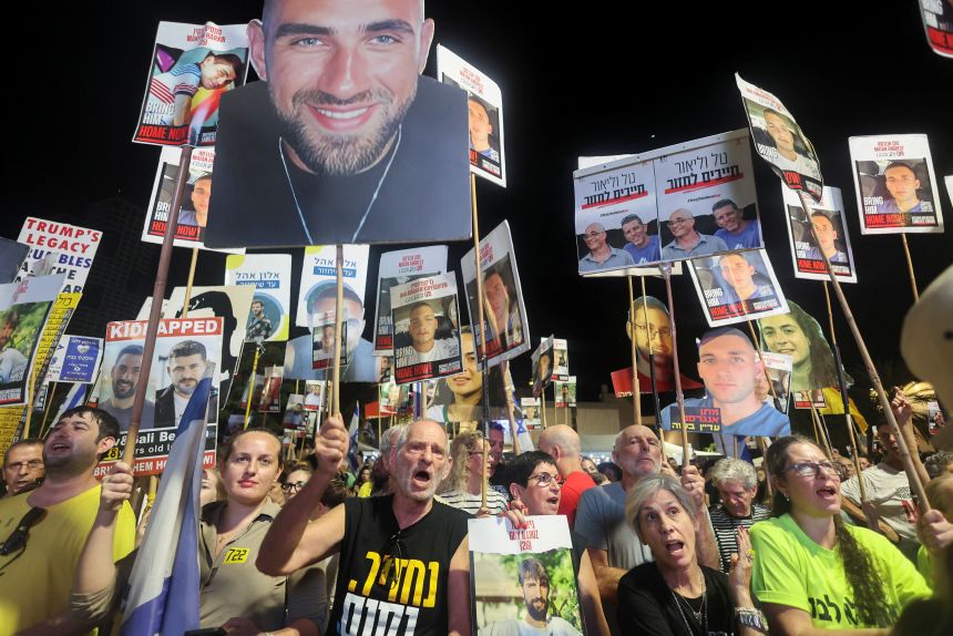 Supporters and family members of hostages who were kidnapped on October 7, 2023, demonstrate to demand the immediate release of all hostages and the end of war in Gaza, in Tel Aviv, Israel, on Saturday.