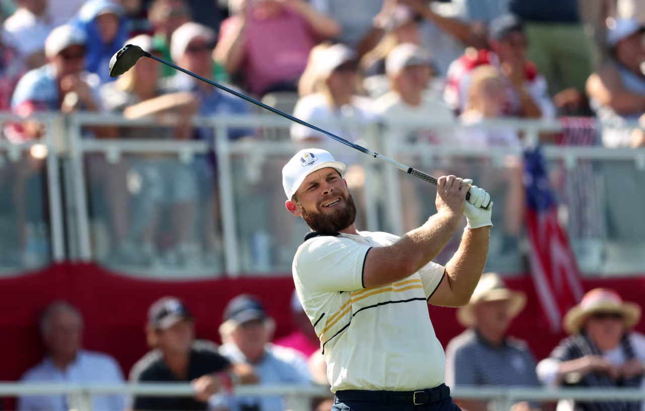 Tyrrell Hatton hits a tee shot on Sunday.