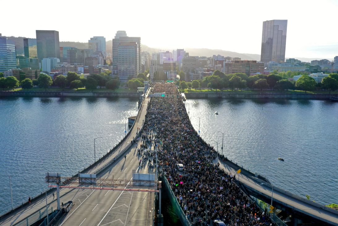 Protesters cross Portland's Morrison Bridge on June 3, 2020, during a rally following the murder of George Floyd in Minneapolis.