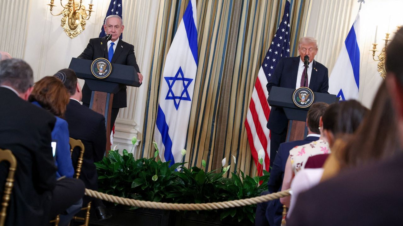 US President Donald Trump and Israeli Prime Minister Benjamin Netanyahu hold a joint press conference in the State Dining Room of the White House on Monday.