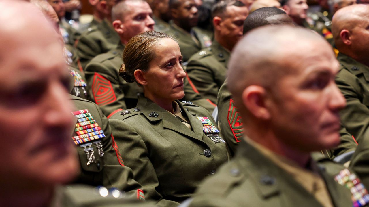 Members of the military attend a meeting convened by U.S. Defense Secretary Pete Hegseth, at Marine Corps Base Quantico, in Quantico, Virginia, U.S., September 30, 2025. REUTERS/Kevin Lamarque
