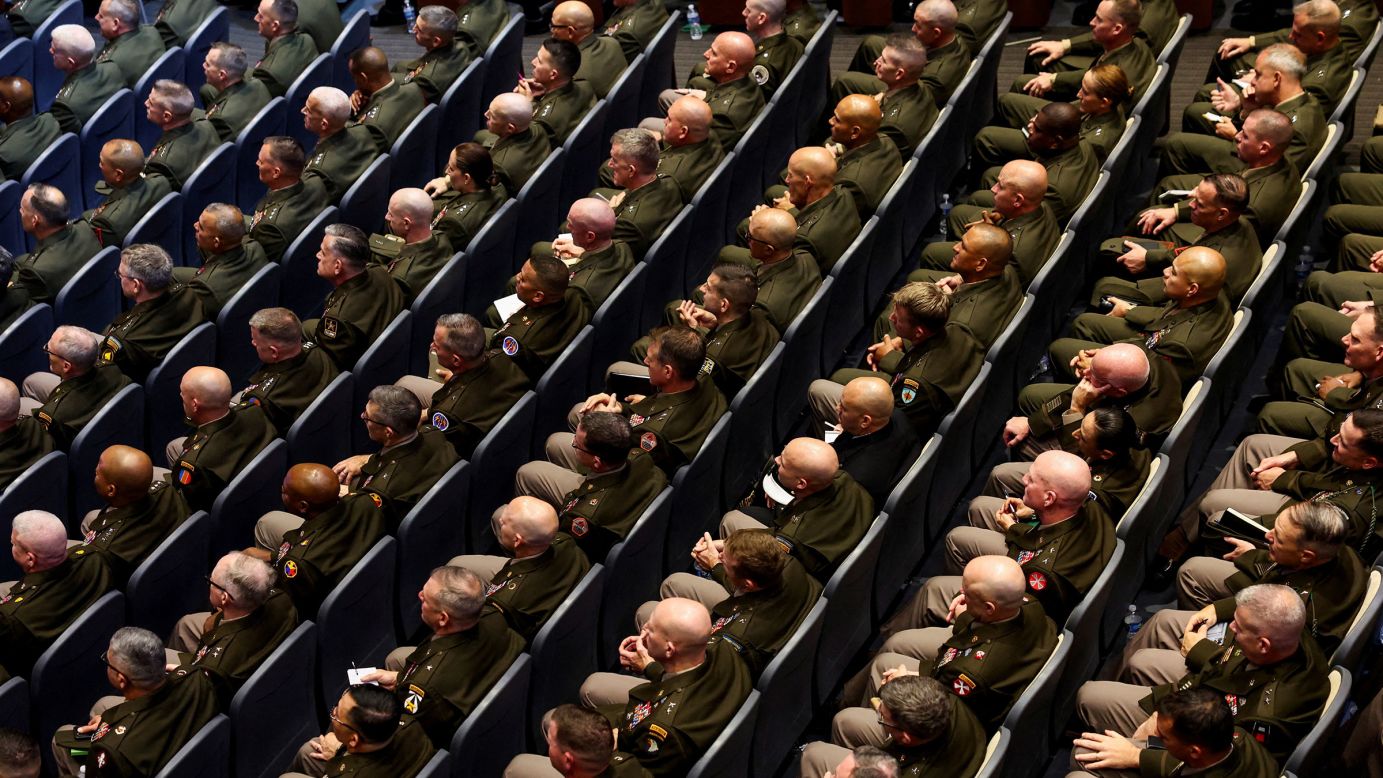 Members of the military attend a meeting convened by Defense Secretary Pete Hegseth, at Marine Corps Base Quantico in Virginia, on Tuesday.