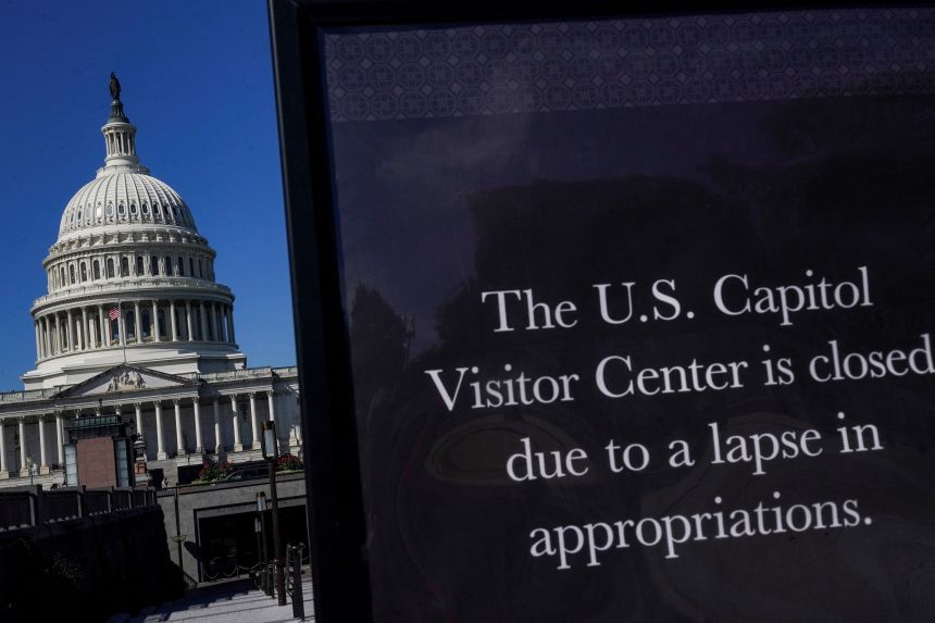 A view of a sign warning that the USCapitol Visitor Center is closed on the first day of a partial government shutdown, in Washington, DC, on October 1.